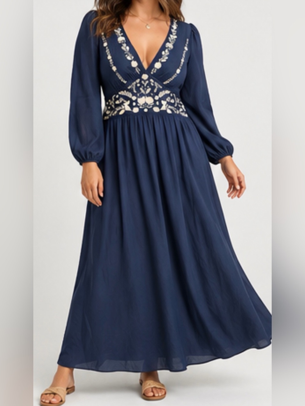 Cupshe Elegant Navy Ethnic Floral Print Maxi Dress with Billowing Sleeves